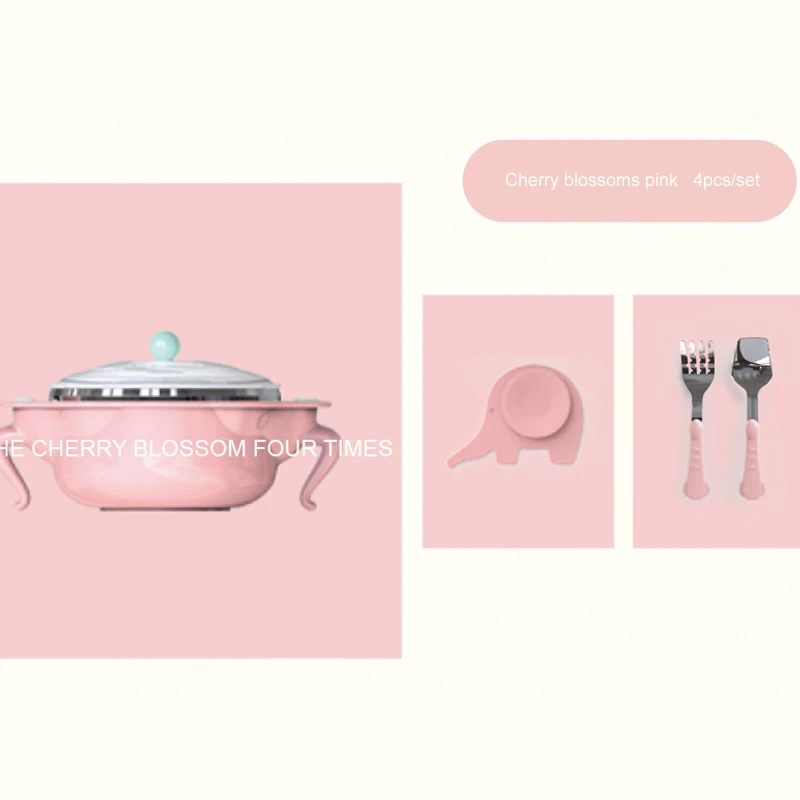 pink 4pcs Набор детской посуды, детская посуда из нержавеющей стали для кормления, Изолированная ложка на присоске, вилка, чашка, сохраняющая тепло, анти-Горячая тренировочная миска - Цвет: pink 4pcs