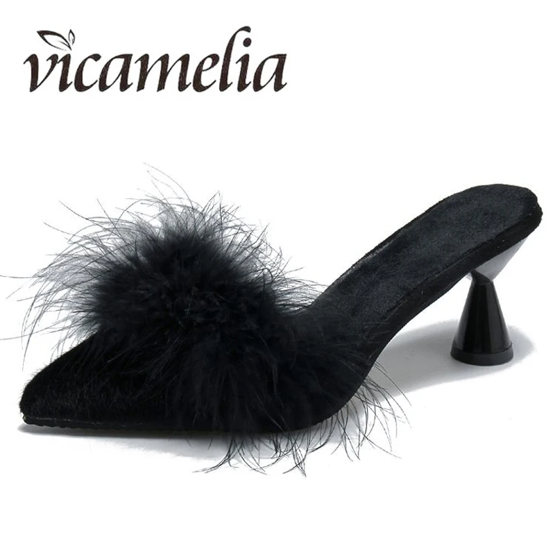 Vicamelia/женские шлепанцы на среднем каблуке женские с острым носком из флока