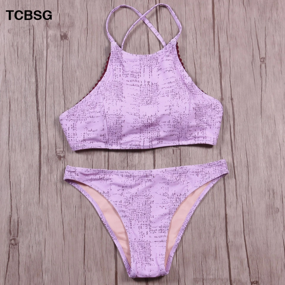 Женский купальник бикини с высокой горловиной TCBSG пляжный бретелькой через шею