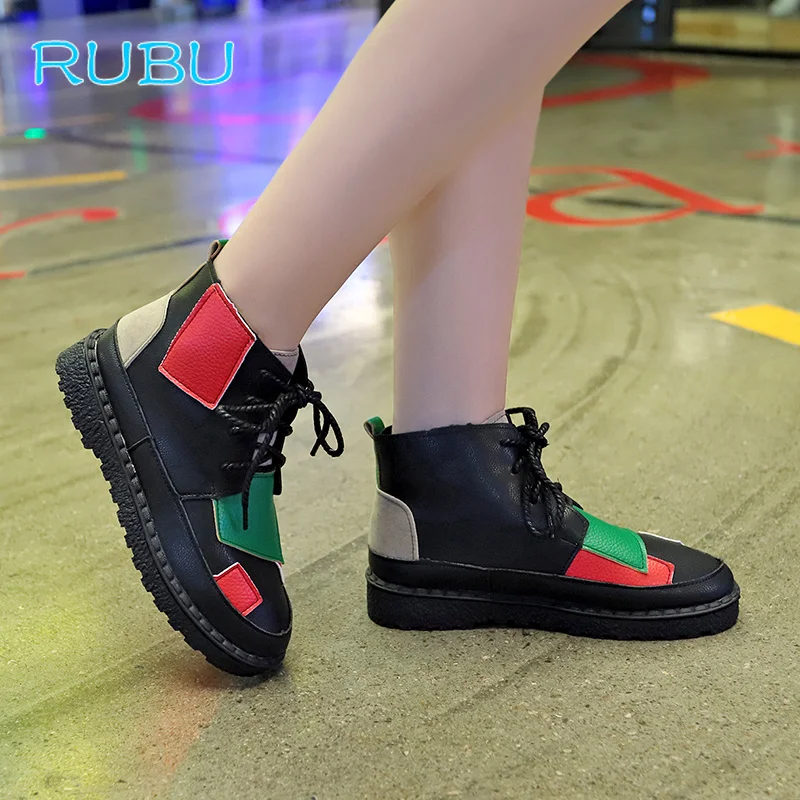 2018 Autumn and Winter New Color Matching Patch Boots Female Mouth Flat Short British Wind Women's Shoes | Обувь