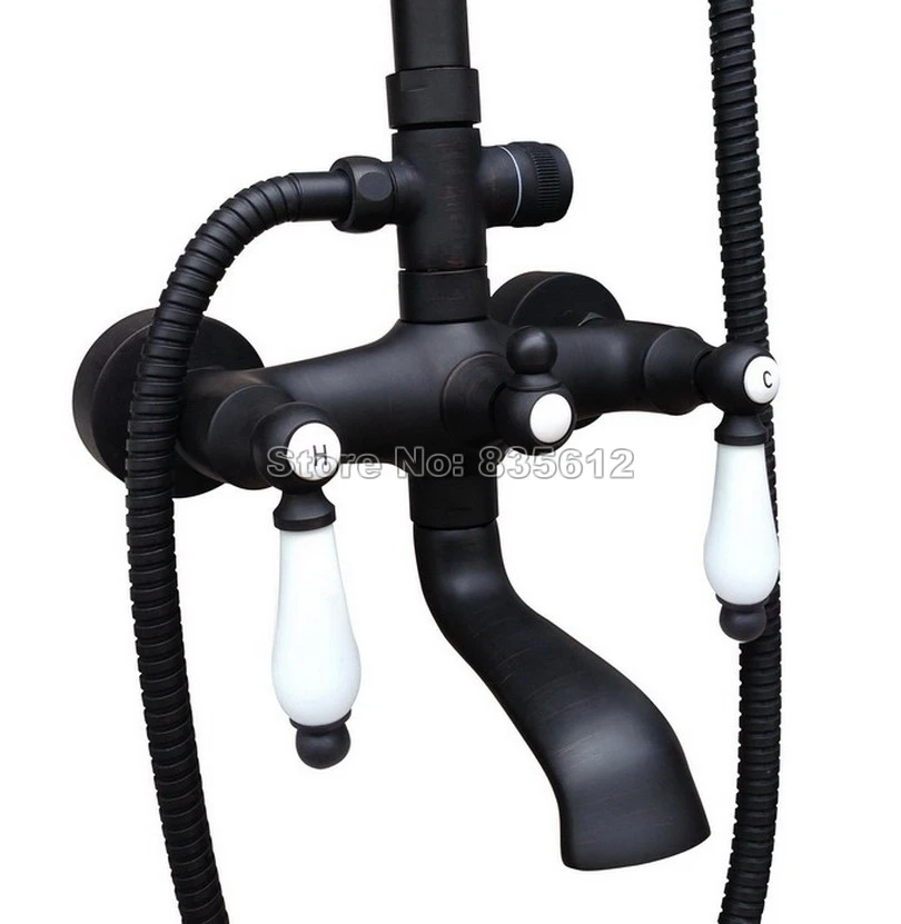 Смеситель для душа с ручной душевой кабиной + насадка черная бронзовая настенный