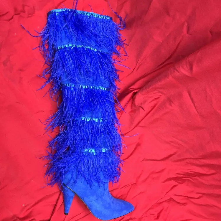 blue Kidesuede синий сапоги черного цвета для женские на высоком каблуке для подиума бахрома ботинки с высоким голенищем и бахромой взлетно-посадочной полосы дизайн пинетки Mujer - Цвет: blue