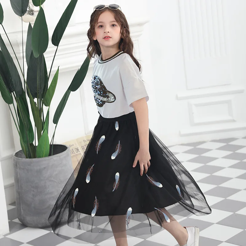 2019 юбка из двух частей для девочек летняя белая футболка + черные сетчатые юбки