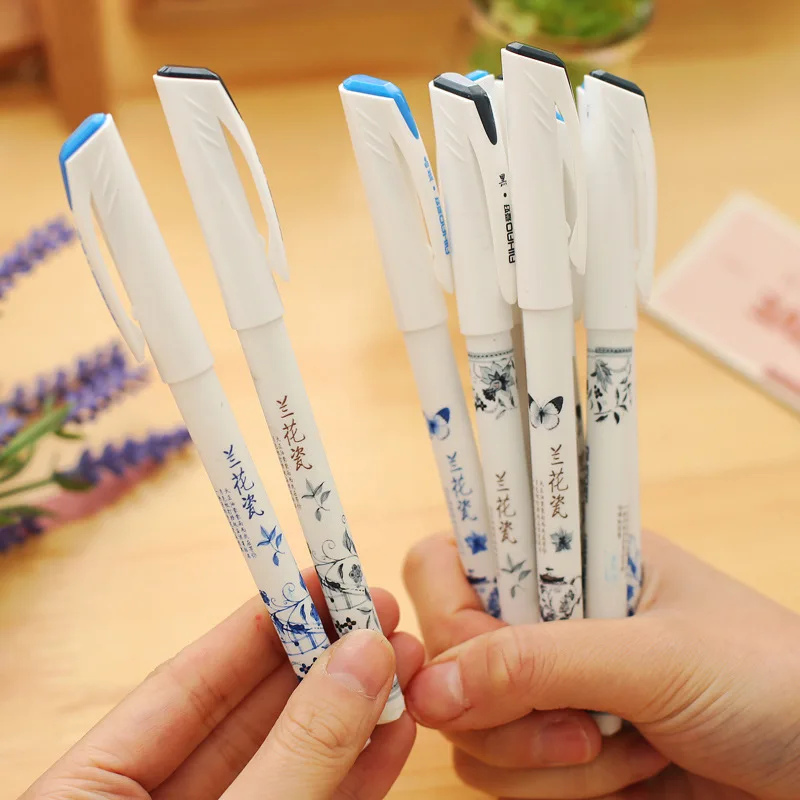 

12PCS 0.5mm Black&Blue Gel Pen For School & Office Supplies Student Writing Stationery Cute Chinese Style White Porcelain