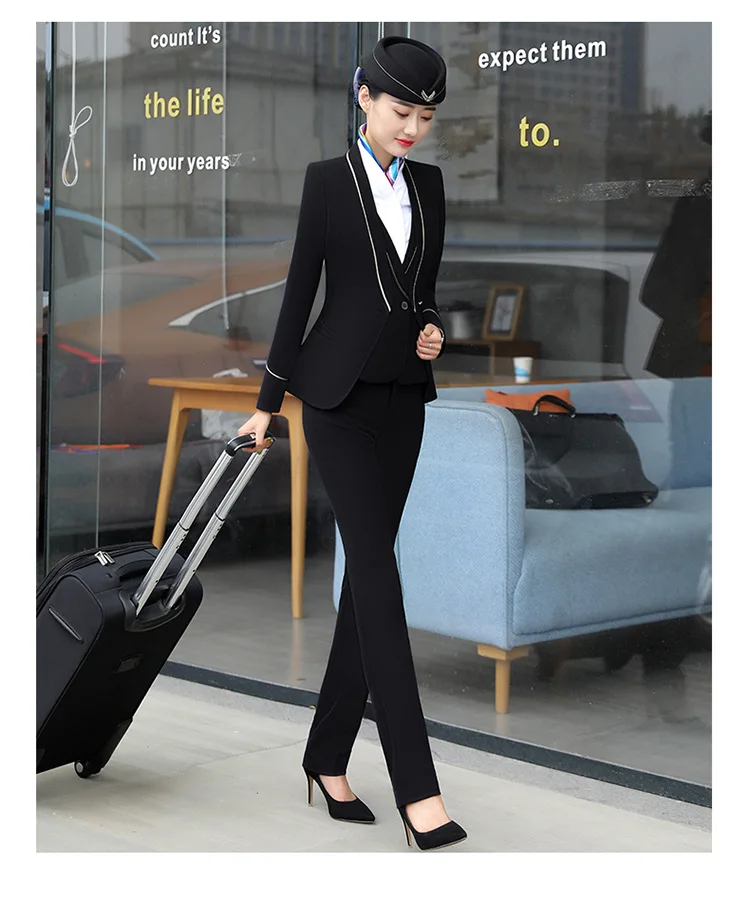 black coat pant IZICFLY новая официальная деловая стюардная одежда для женщин костюмы офисные комплекты с юбкой стюардесса элегантная рабочая одежда большой размер - Цвет: black coat pant