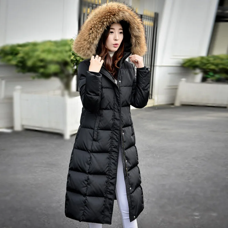 2017 зимняя куртка женская с капюшоном большим меховым воротником длинные толстые