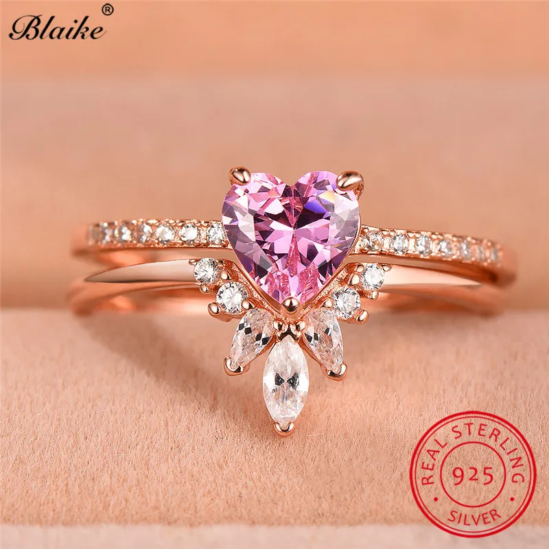 Blaike 925 пробы Серебряное кольцо комплект милый розовый сапфир камень свадебные
