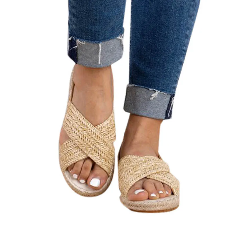 

Women Fashion Flat Straw Hemp Rope Elastic Band Casual Shoes Roman Sandals Leisure Solid Color Comfortable Sandals Travel