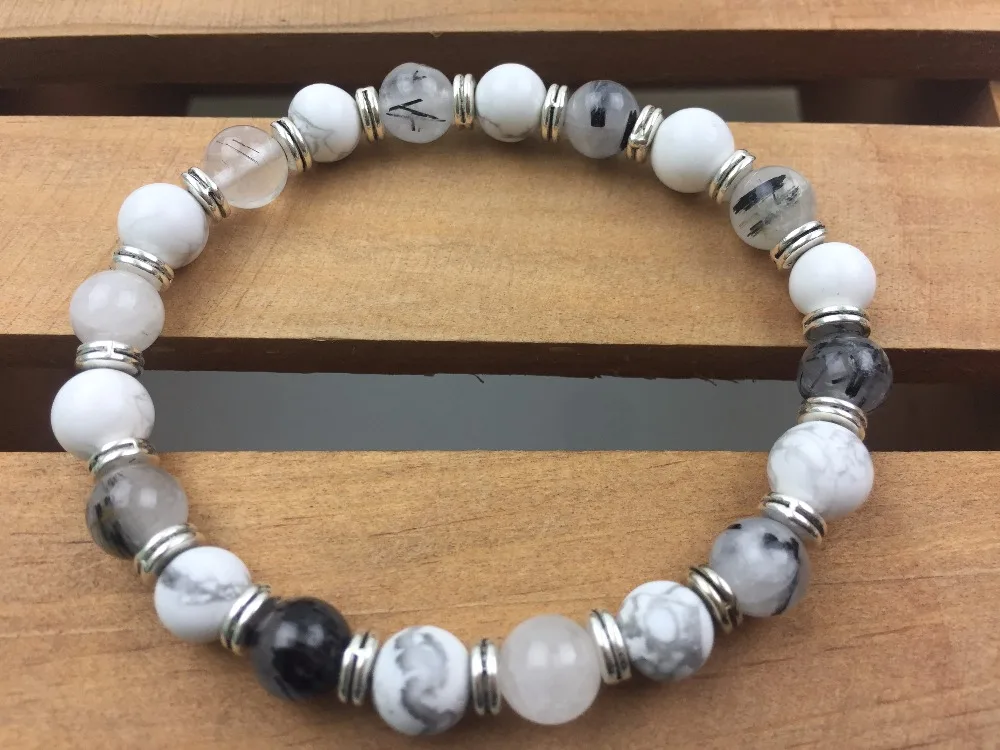 Natural Rutilated Quartz White Howlite Bracelet Round Bead Fashion Men's Bracelets Sports Yoga Mala Beads | Украшения и