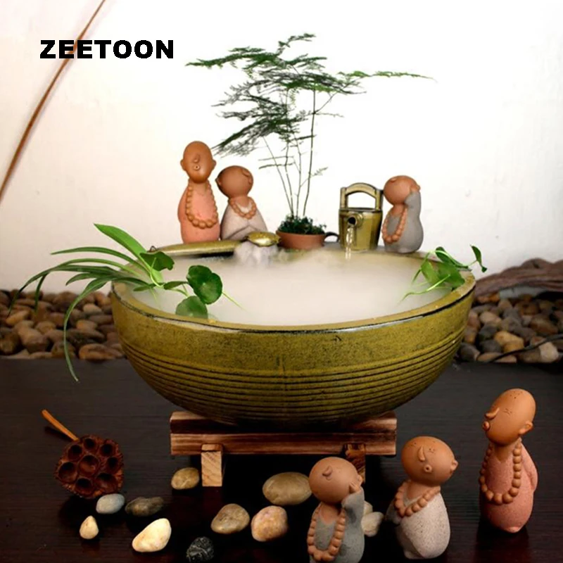 

Water Fountain Air Humidifier Feng Shui Fish Pot 3 Monks Desktop Bonsai Vintage Lucky Home Decor Ornament Atomizer Business Gift