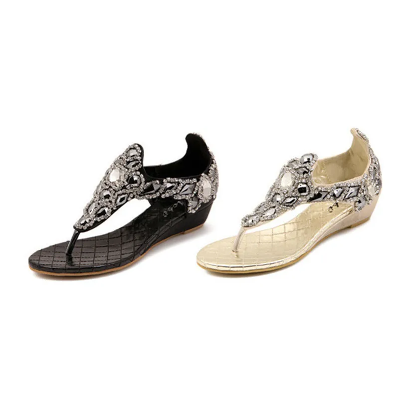Мода новые 2017 Лето Женщины Сандалии Кристалл Горного Хрусталя Slip-on Клин Обувь