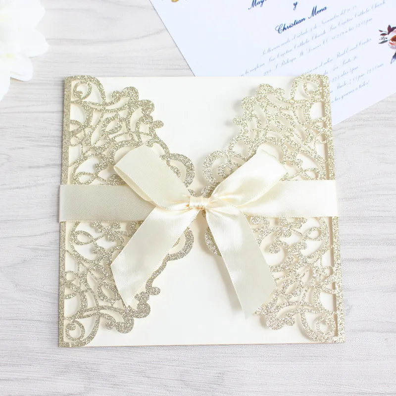 Блестящий цветок Лазерная резка для свадьбы приглашения с конвертом вставить