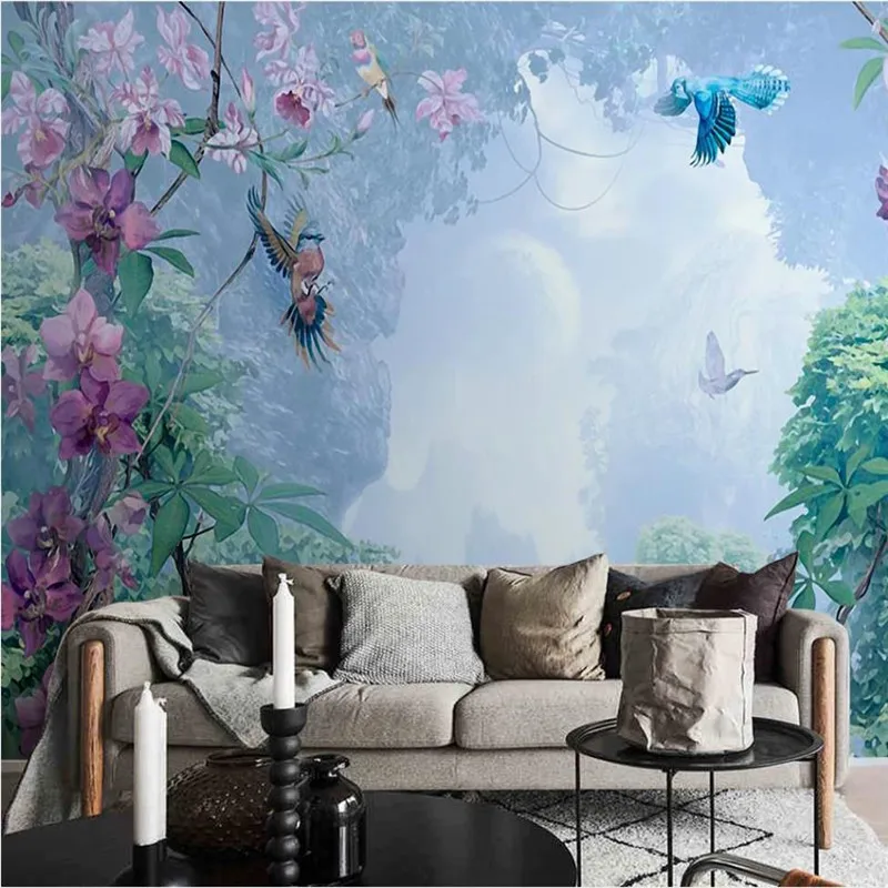 Custom wallpaper Nordic hand-painted small fresh tropical plants flowers and birds background decorative waterproof material |