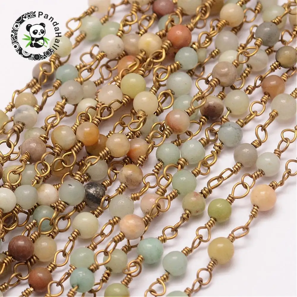 Handmade Amazonite Beaded Chains, with Brass Eyepins, 6mm; about 10m/roll