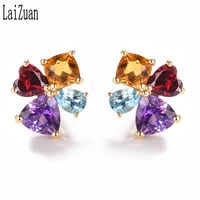 LaiZuan 2.2ct Genuine Natural Citrine, Garnet,sky Topaz blue,Amethyst Solid 14K Yellow Gold Stud Earrings Elegant Jewelry Gift