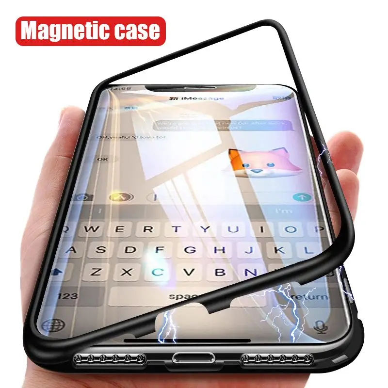 Magnetic Metal Case For iPhone 7 8 6 6S Plus Hybrid Aluminum Bumper Clear Tempered Glass Back Cover XS Max XR X |