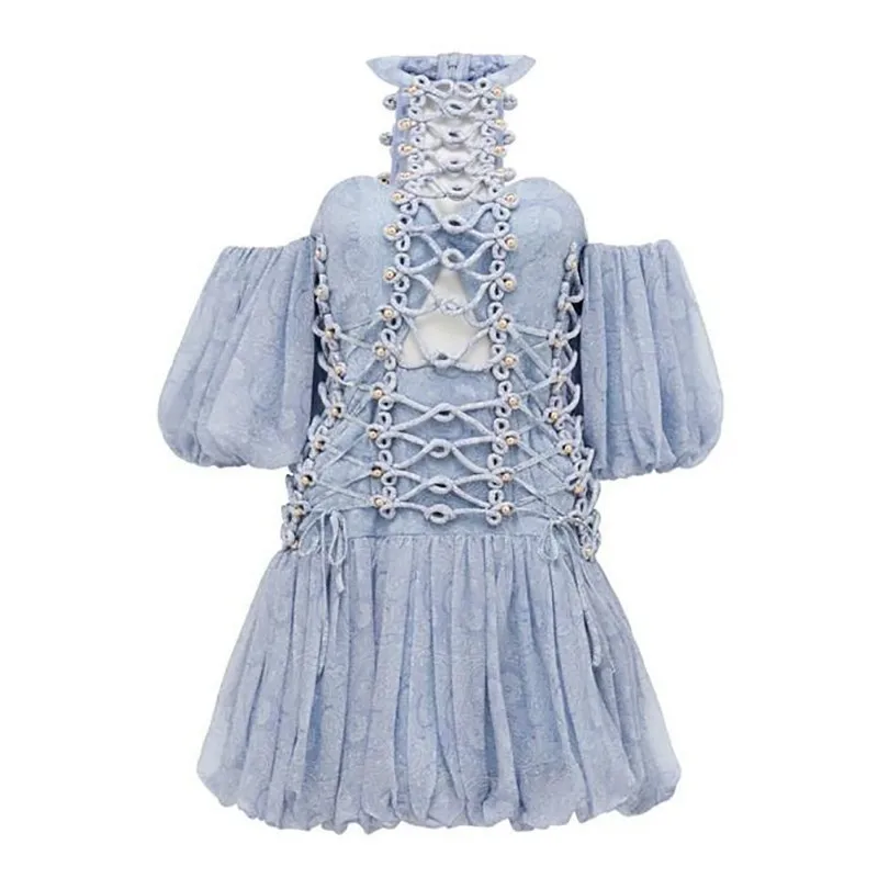 TWOTWINSTYLE Hollow Out Sexy Dress For Women Off Shoulder Puff Sleeve High Waist Beading Patchwork Mini Dresses Female New - Цвет: blue