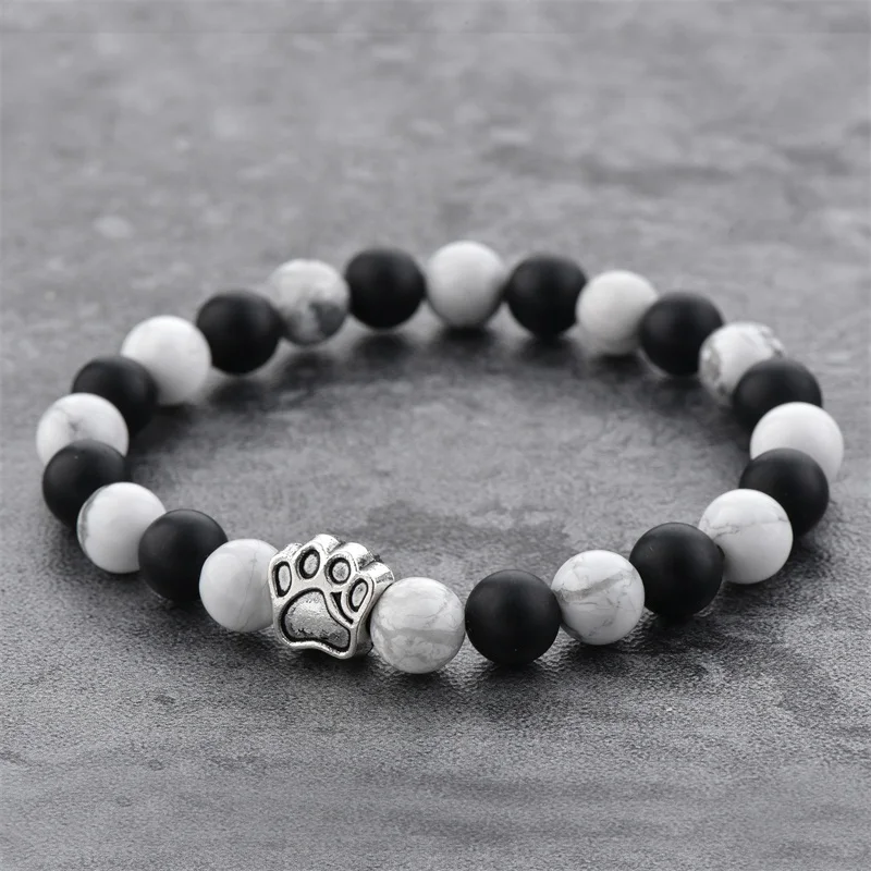 

LongWay SBR190004 Piano White & Black Stone Natural Dog Paw Beaded Beads Bracelets For Women & Men 8MM Beads Elatic Bangles