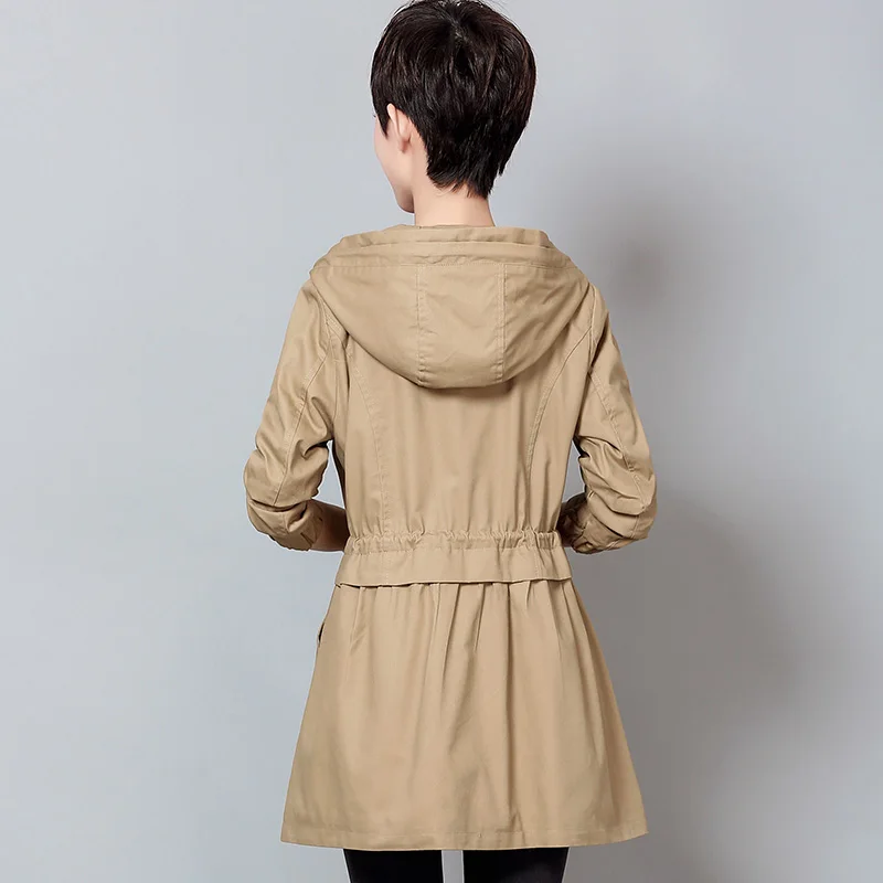 

Large size 6XL Women Trench Coat Spring Slim Medium long Hooded Overcoat Solid Casual Female Windbreaker Middle-ages Clothing