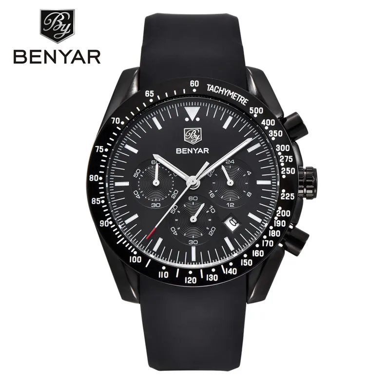 All black B BENYAR мужские часы лучший бренд класса люкс Мужской силиконовый ремешок Водонепроницаемый Спортивный Кварцевый Хронограф военные наручные часы мужские часы relogio - Цвет: All black B