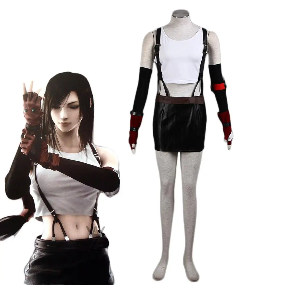 

Женский костюм для косплея Tifa, черная кожаная мини-юбка с подтяжками