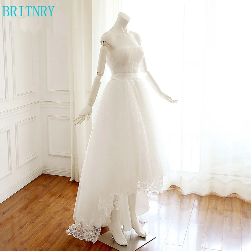 

BRITNRY New Arrival Beach Wedding Dress Strapless Lace Short Bride Dress Real Photos Ivory Tulle Dress