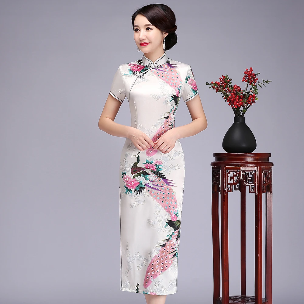 Винтаж для женщин печати Cheongsam классический цветок атласное платье китайский стиль шоу на сцене платья для платья большого размера Qipao Vestido 5XL 6XL