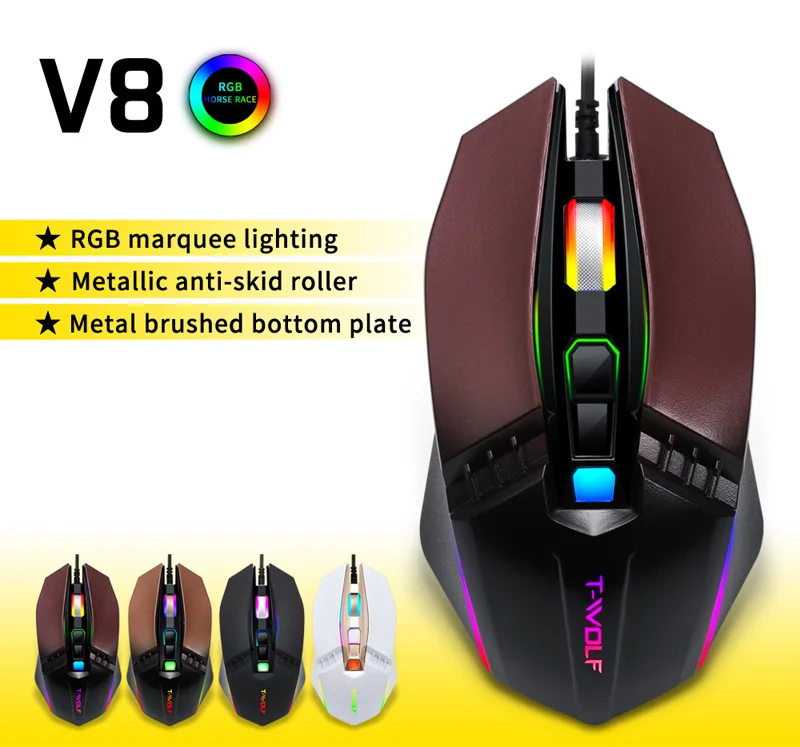 T-WOLF V8 компьютерная проводная мышь для геймера 2400 dpi Регулируемая эргономичная оптическая мышь RGB подсветка офисные USB мыши для настольного ноутбука