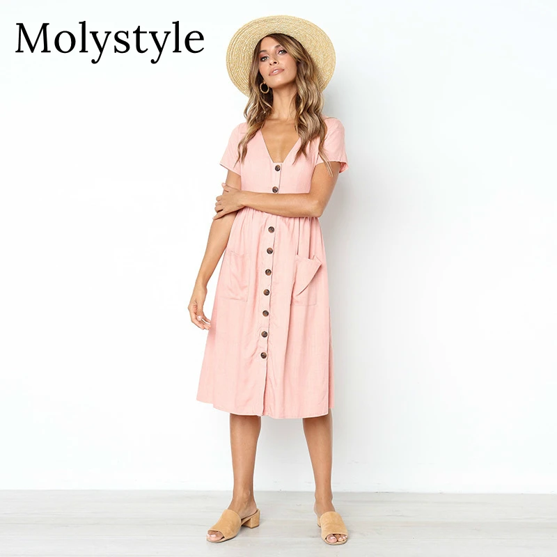MolyStyle летние пикантные пуговицах с v образным вырезом платье Для женщин
