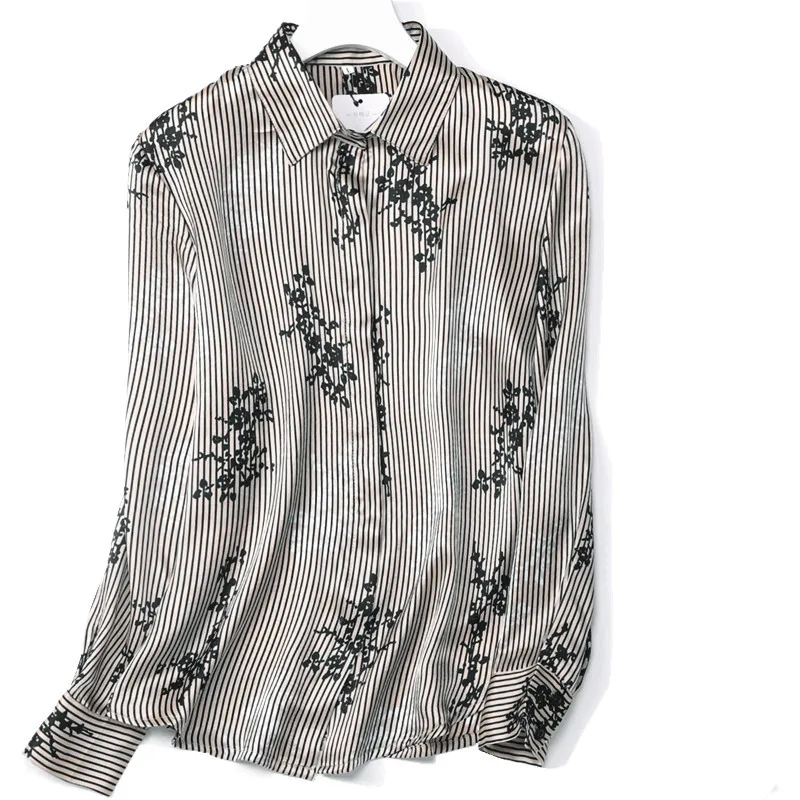 100% natural silk Blouses OL Solid Color Long Sleeve Real Silk Striped Blouse Tops for women Office Wear Shirts work |