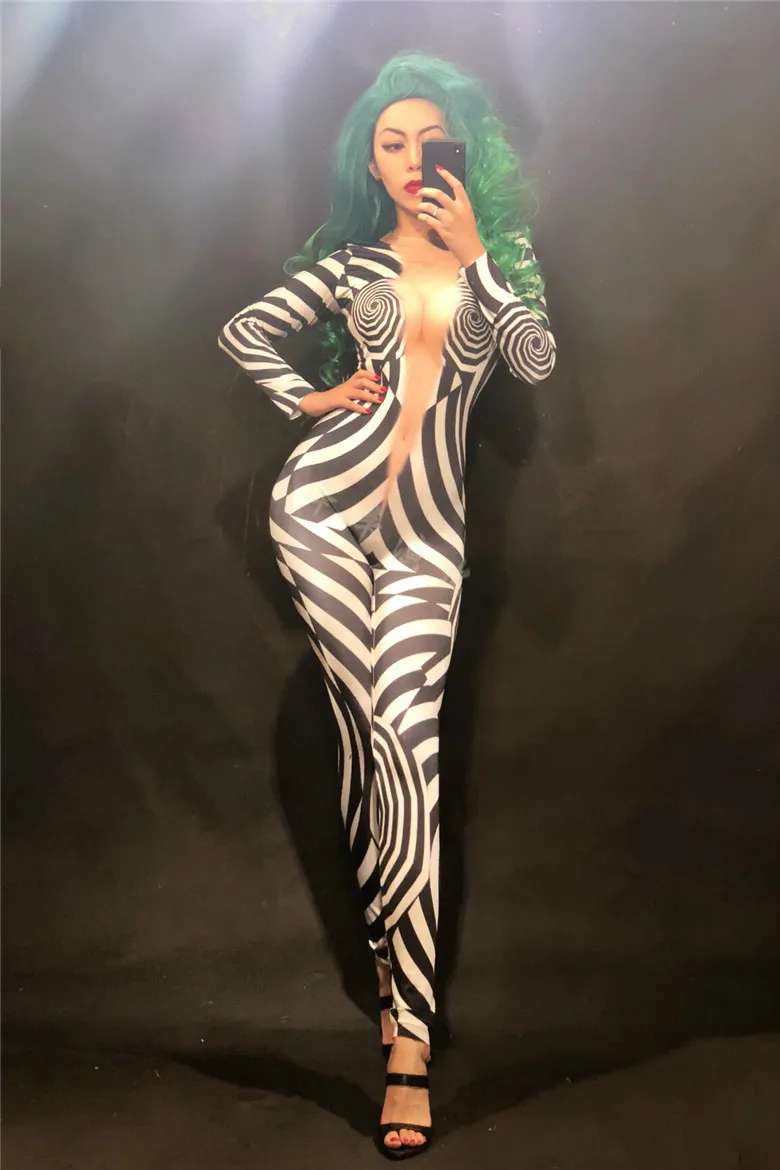 Women New Sexy Printing Stripe Jumpsuit Female Sexy Stretch Leggings Costume One-piece Bodysuit Stretch Outfit Party Rompers
