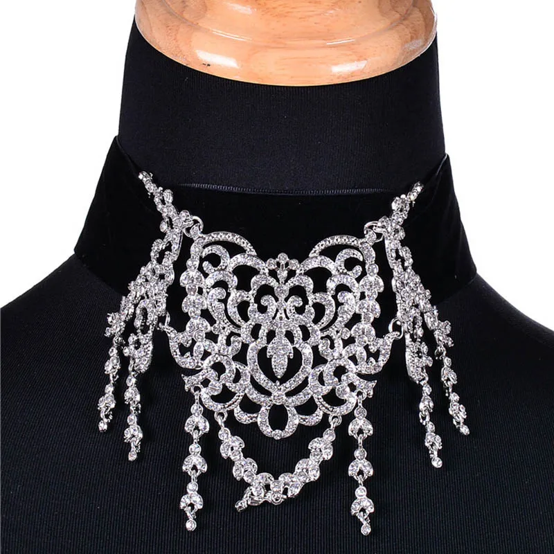 Gold Silver Rhinestone Tassels Chokers Necklace Romantic Women Maxi Statement Necklace With Velvet Fashion Jewelry Gift For Lady