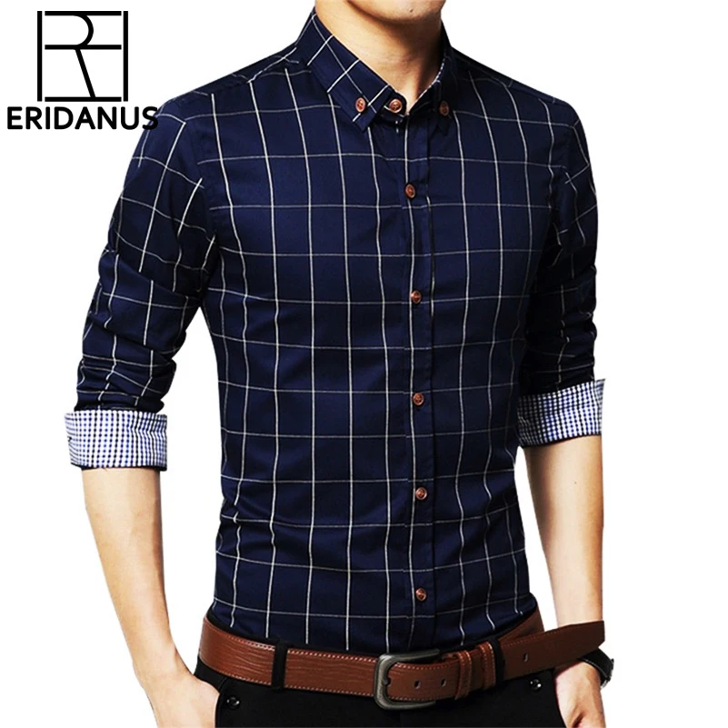 Новинка 2017 осенние Рубашки Мужская модная брендовая одежда приталенная рубашка