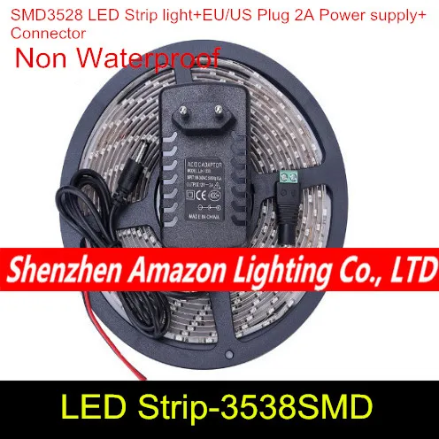 

Non Waterproof LED Strip 300leds/5M 3528 SMD Cool/Warm White Red Green Blue Yellow Light +12V 2A Power Adapter