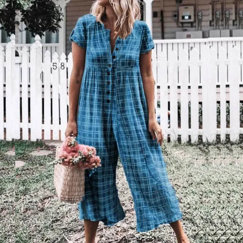 3XL Women Button Wide Leg Jumpsuit Summer V Neck Short Sleeve Linen Rompers Plaid Print Loose Overalls Playsuit | Женская одежда