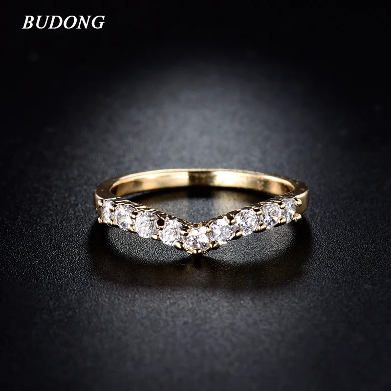 Женское кольцо для помолвки BUDONG Золотое с белым кристаллом уникальный дизайн XUR109