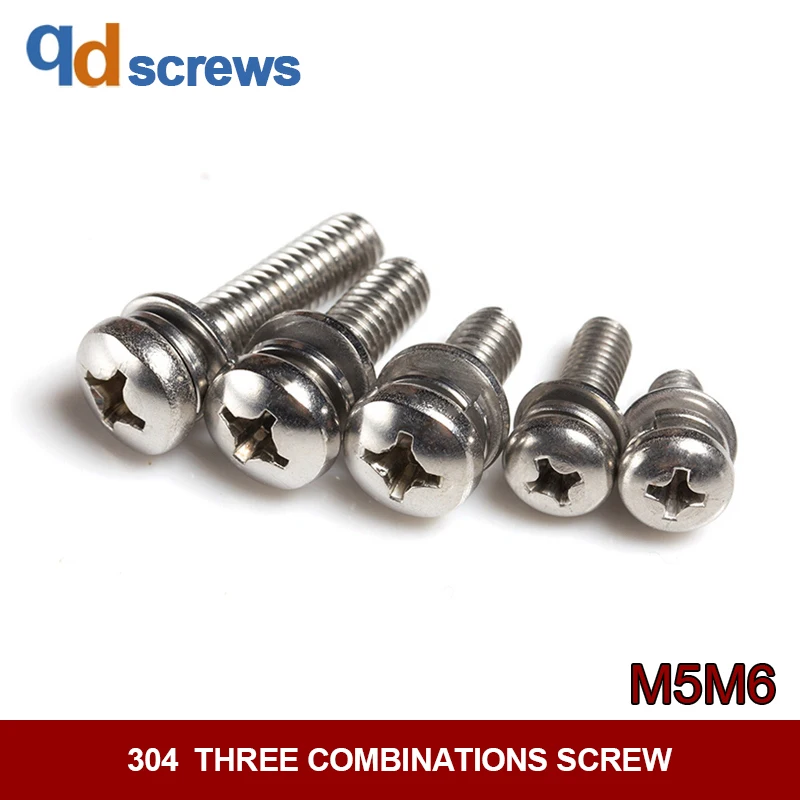 

304 M5M6 Cross Recessed Pan Head Screws,Single Coil Spring Lock Washer And Plain Washers Assemblies stainless steel screw GB9074