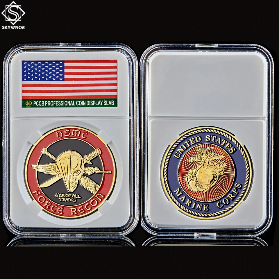 США ВЫЗОВ МОНЕТА Военная морская пехота Usmc Force Recon Skull памятная монета W/капсула