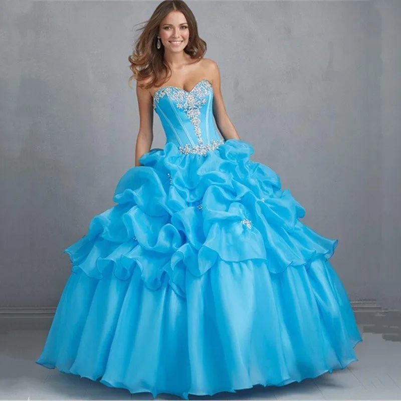 Красивые Дебютантка Кристалл Сладкий 16 Платья Голубой Quinceanera Многоуровневое Ruffles