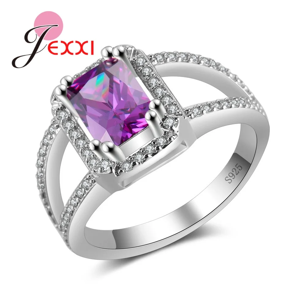 

Simple Square Engagement Jewelry 925 Sterling Silver Purple CZ Austrian Crystal Rings Full Sizes Geometric Wedding Jewelry