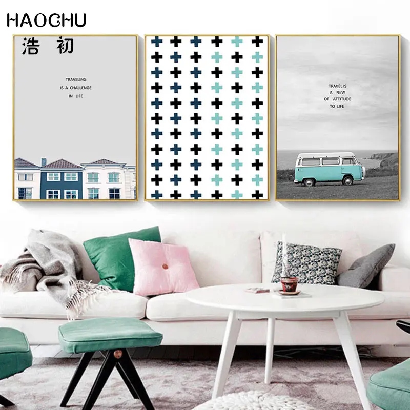 HAOCHU Art Poster Landscape Canvas Painting Sea View Blue Car Fresh House Gray Sky Home Decoration Picture Wall Decor | Дом и сад