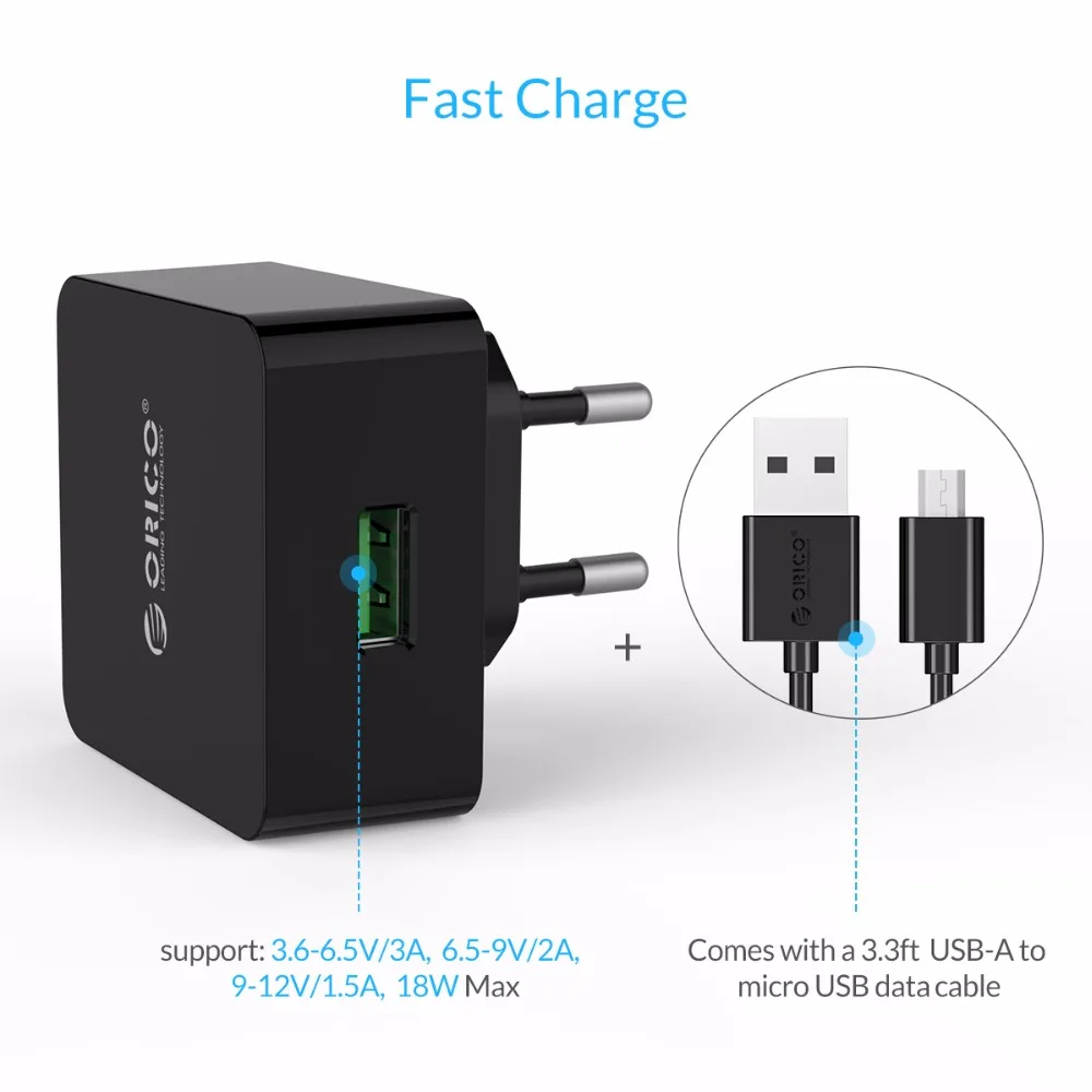 Зарядное устройство для телефона ORICO Быстрая зарядка QTW 1U QC3.0 18 Вт Быстрое USB iPhone