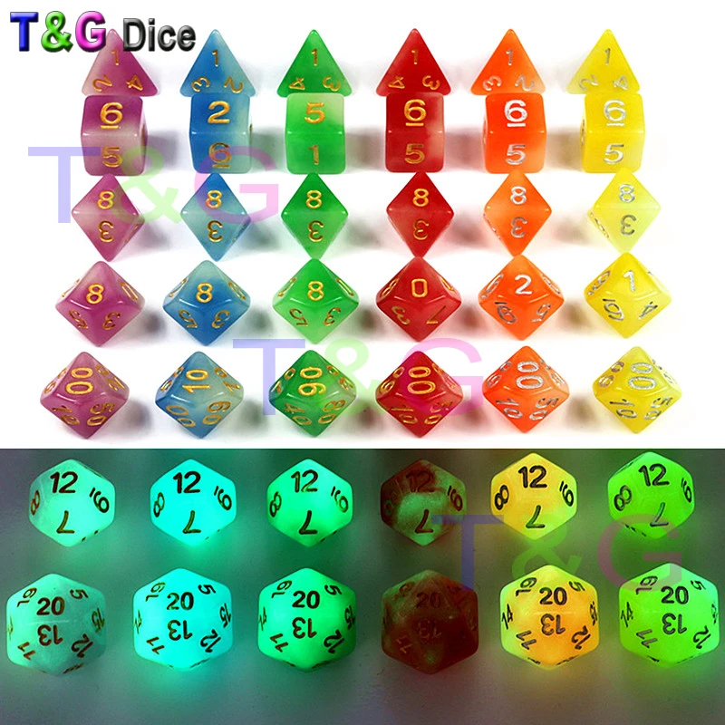 Светящиеся Кости Набор зеленый цвет 7 шт./компл. D4 D6 D8 D10 % D12 D20 для DnD RPG игральные
