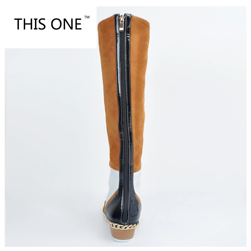 

THIS ONE New Fashion Women Knee High Boots Elegant Round Toe Square Heel Boots Multi Colors Shoes Woman Plus Size 35-47