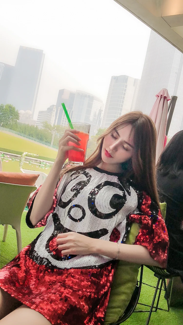 Женское свободное платье с блестками Wangzi milk красное Сетчатое коротким рукавом