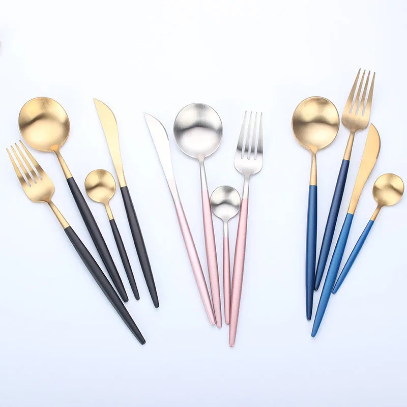 

4Pcs/set Luxury Stainless Steel Tableware Kids Cutlery Set Nordic Western Black Gold Steak Knife Fork Spoon Dessert Spoons