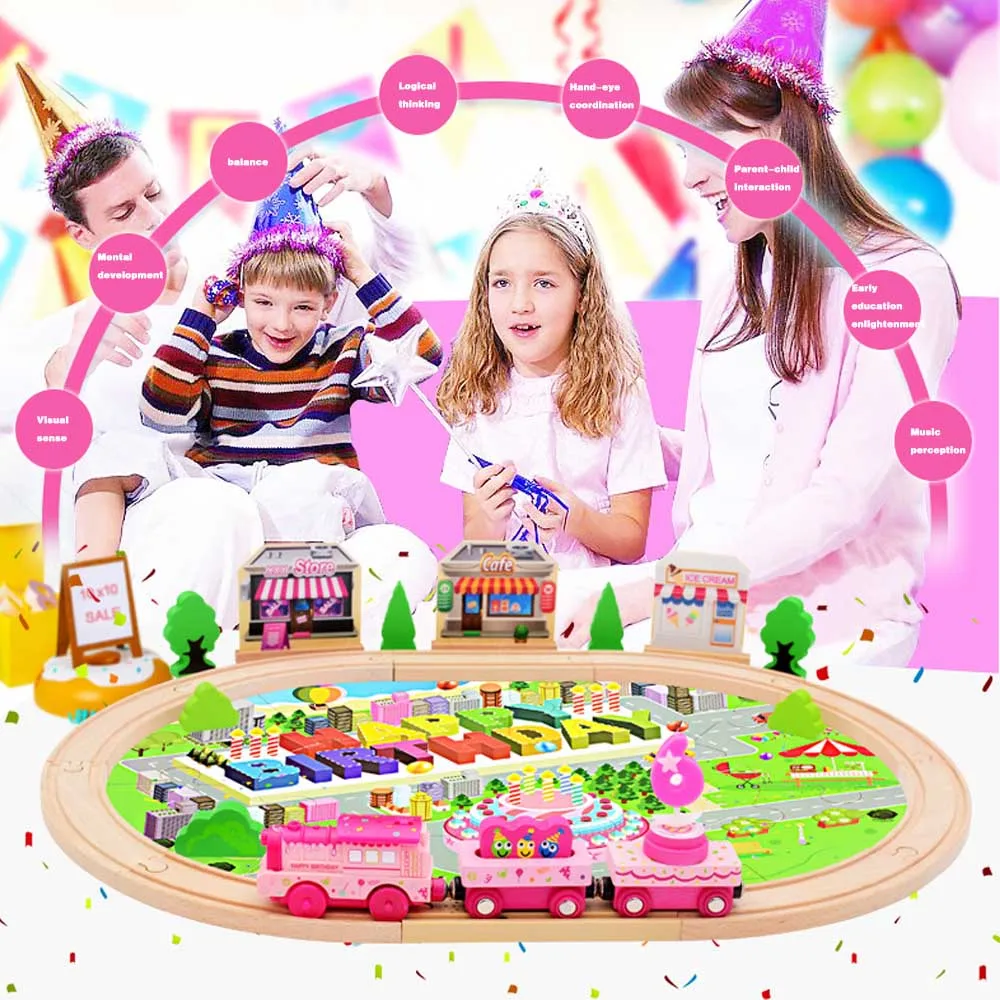 

39PC Pink wooden train children birthday gift Round Railway musical Track Kids Toy Hand Crafted play set DIY Christmas present