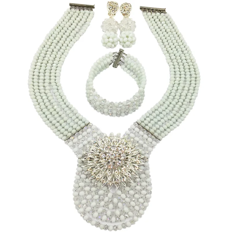 White and Transparent African Wedding Necklace Nigerian Beads Jewelry Set 6C-XJZ016