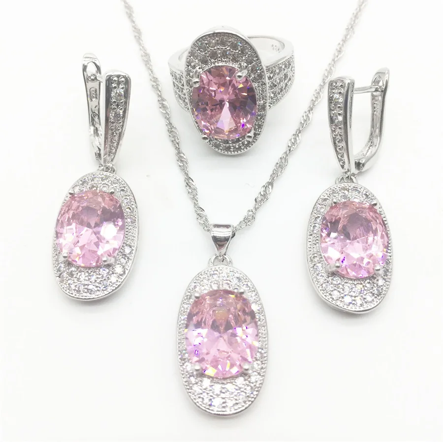 Pink Zircon Costume Silver 925 Jewelry Sets Women Pendant&ampNecklace Ring Earrings With Natural Stones Jewelery | Украшения и