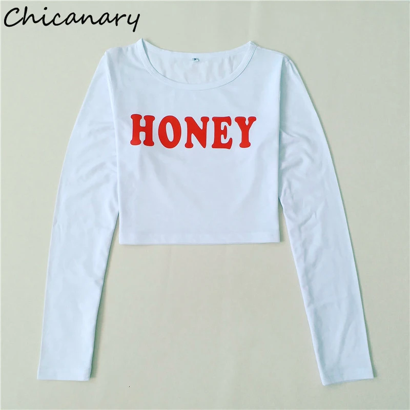 Chicanary 2018 HONEY Crop Top Femme Long Sleeve Tshirt Women Shirt Tops Casual Harajuku Cropped Tumblr White Black | Женская одежда